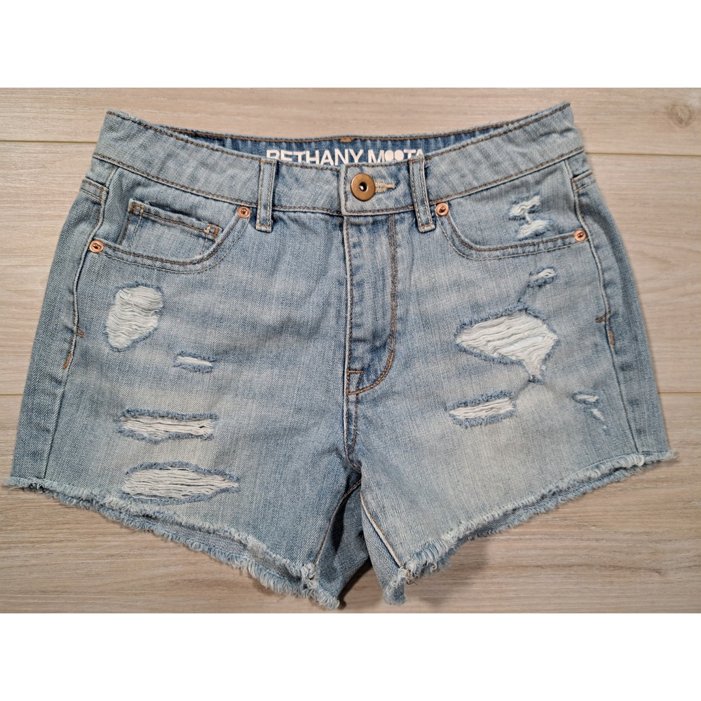 Bethany Mota Women 2 High Rise Midi Distressed Denim Shorts Light Wash Blue 0658